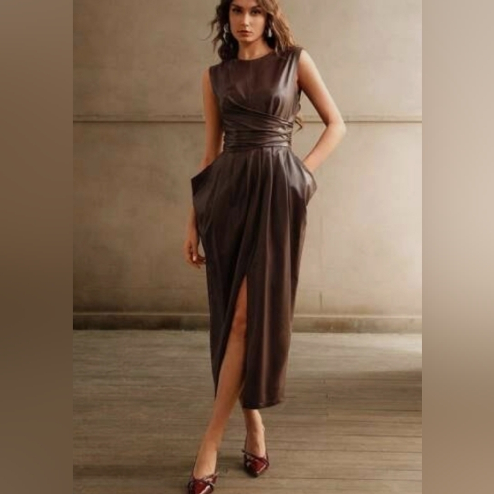 Brown Asymmetrical Pleated Maxi Dress